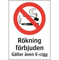 Förbudsdekal: Rökning förbjuden. Gäller även E-cigg