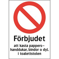 Förbudsdekal: Förbjudet att kasta pappershanddukar, bindor och dylikt i  toalettstolen.