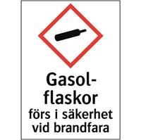 Kemisk varningsdekal: Gasolflaskor förs i säkerhet vid brandfara