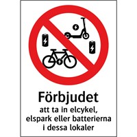 Förbudsskylt: Förbjudet att ta in elcykel, elspark eller batterierna i dessa lokaler