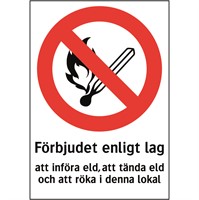 Förbudsdekal: Förbjudet enligt lag att införa eld, att tända eld och att röka i denna lokal