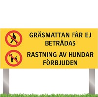 förbudsskylt gräsmattan får ej beträdas, rastning av hundar förbjuden