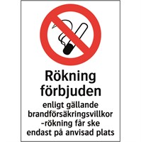 Förbudsskylt: Rökning förbjuden enligt gällande brandförsäkringsvillkor...