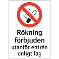 Förbudsskylt: Rökning förbjuden utanför entrén enligt lag