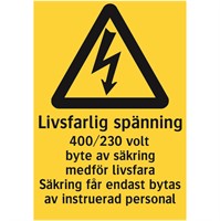 Varningsdekal: Livsfarlig spänning. 400/230 volt byte av säkring medför livsfara. Säkring får...