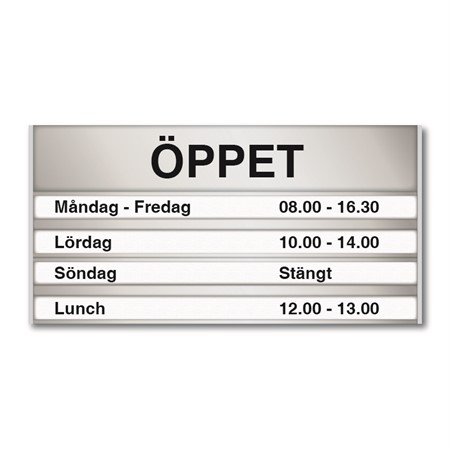 Öppetskylt för 4 st textremsor, 180x93mm